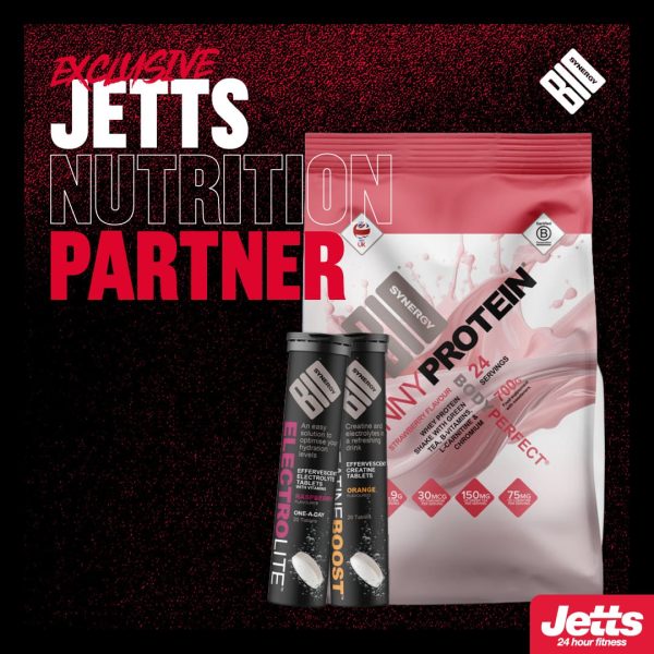 Jetts – Bio-Synergy – 1080 x 10804 A packet of Bio Synergy powder is displayed behind 2 tubes of Bio Synergy effervescent tablets. Overlayed text reads 'Exclusive Jetts nutrition partner'.